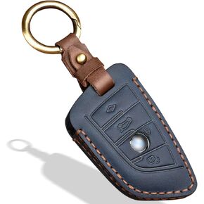 Genuine Leather No Screws Key Fob Cover Fit for BMW 5 6 7 Series X1 X2 X3 X5 X6 GT Series etc, Blade Shape, Blue