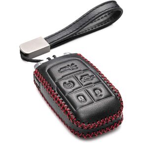 Vitodeco Genuine Leather Keyless Entry Remote Control Smart Key Case Cover with Leather Key Strap Compatible for RAM 2500, 3500, 4500, 5500 2019 - 2024 (5-Button, Black/Red)