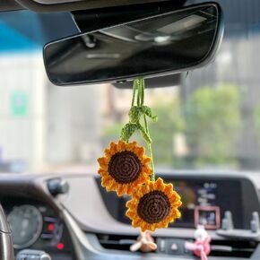 2 Pieces Handmade Sunflower Car Accessories Sunflower Pendants Car Mirror Hanging Accessories