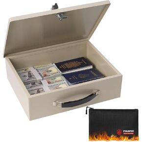Fireproof Document Box with Key Lock & Fireproof Money Bag,Safe Storage Box for Valuables,Fire Resistance Security Chest,Fireproof Box for Documents,Passport Extra Large (Black, Large)