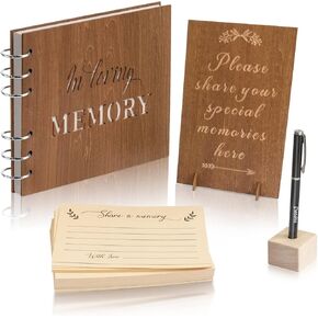 Creawoo Wooden Funeral Guest Book for Memorial Service Celebration of Life Decorations, Hardcover In Loving Memory Guestbook Set with White Pages, Included Share a Memory Cards, Table Sign, Pen (8.5")