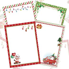 Whaline 60 Sheet Christmas Letter Paper 4 Design Cartoon Stationary Writing Paper Red Green Holiday Letterhead Letter to Santa for Notes Greeting Cards Invitations Office School Printing, 8.5 x 11 In