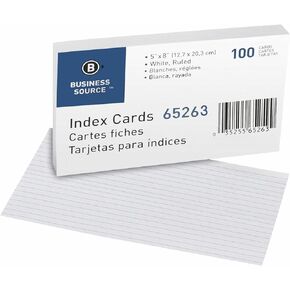 Business Source 65263 Index Cards, Ruled, 72 lb., 5-Inch x8-Inch , 100/PK, White