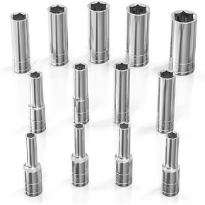 Olsa Tools SAE Socket Set (13pc) | 1/4-Inch Drive | 6-Point Deep Socket Set | Standard Imperial Sizes from 1/8" to 5/8" | Mechanic Fractional Socket Sets | Long Chrome Sockets | Professional Grade