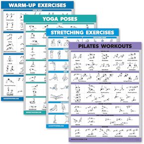 Palace Learning 4 Pack - Warm Up Exercises + Yoga Workouts + Stretching Exercises + Pilates Exercises - Set of 4 Workout Charts (LAMINATED, 18" x 24")