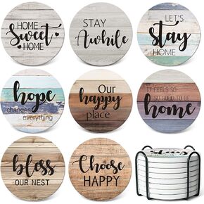 Absorbent Coasters Stone Coaster Set of 8, Cork Base, with Holder, Wood Look, Farmhouse Country Life Outdoor for Housewarming Apartment Kitchen Room Bar Décor, Rustic Style (Black Holder)