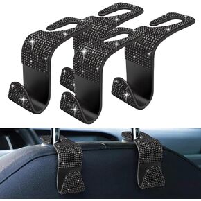 4 Pack Blink Diamond Car Seat Headrest Hooks Crystal Rhinestone Car Purse Holder Universal Car Interior Accessories for Handbags Water Bottles Purse Coats Umbrellas, Black