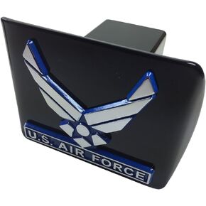 Air Force Metal Emblem (Wings with Blue Trim) on Black Metal Hitch Cover