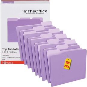 1InTheOffice مجلدات ملفات أرجوانية بحجم الحروف، مجلد ملفات بعلامات تبويب 1/3 قطع، مجلدات ملفات ملونة، 100 حزمة