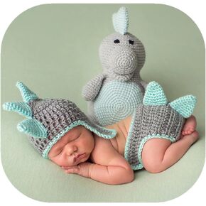 Vemonllas Newborn Photography Props Dinosaur Outfit Photo Prop Dino Helmet Hat Diaper Cover Baby Photoshoot Crochet Costume