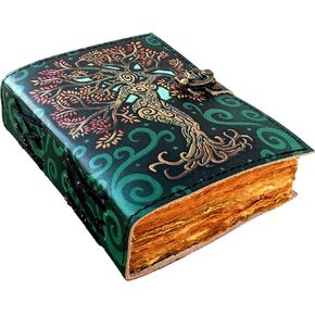 Blank Spell Book Of Shadows - Journal With Lock Clasp - Witchcraft Supplies - Vintage Handmade Leather Diary - Embossed Prayer Pagan - Wiccan Notebook Daily (5 x 1.2 x 7, Green)