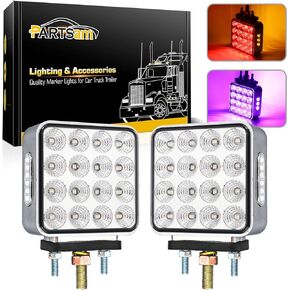 Partsam 2pcs Dual Revolution Amber/Red/Blue Square Double Face 38 Diode Marker/Turn Signal and Auxiliary Led Pedestal Light with Chrome Housing Sealed Replacement for Kenworth/Peterbilt/Freightliner
