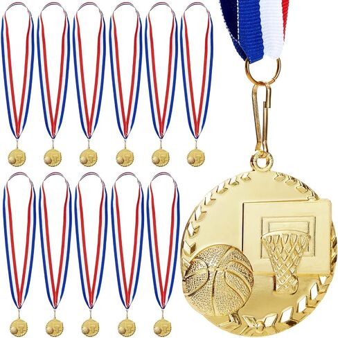 Juvale 12 Pack Basketball Medals for Kids and Adults, Team Participation Trophies, Awards, Party Favors, Red, White, and Blue Stripes 15.5" Ribbon (2 in, Metal, Gold) in Saudi Arabia
