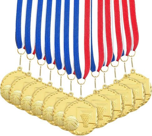 Juvale 12 Pack Basketball Medals for Kids and Adults, Team Participation Trophies, Awards, Party Favors, Red, White, and Blue Stripes 15.5" Ribbon (2 in, Metal, Gold) in Saudi Arabia