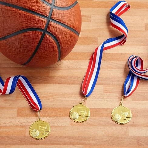 Juvale 12 Pack Basketball Medals for Kids and Adults, Team Participation Trophies, Awards, Party Favors, Red, White, and Blue Stripes 15.5" Ribbon (2 in, Metal, Gold) in Saudi Arabia