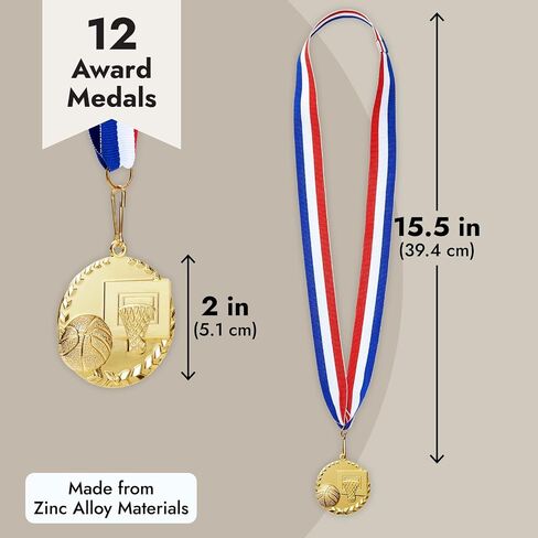 Juvale 12 Pack Basketball Medals for Kids and Adults, Team Participation Trophies, Awards, Party Favors, Red, White, and Blue Stripes 15.5" Ribbon (2 in, Metal, Gold) in Saudi Arabia