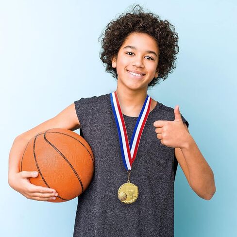 Juvale 12 Pack Basketball Medals for Kids and Adults, Team Participation Trophies, Awards, Party Favors, Red, White, and Blue Stripes 15.5" Ribbon (2 in, Metal, Gold) in Saudi Arabia