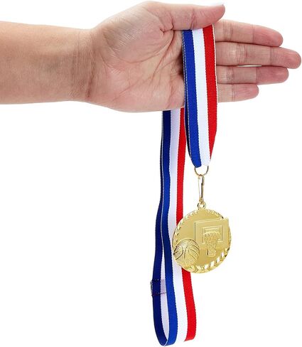 Juvale 12 Pack Basketball Medals for Kids and Adults, Team Participation Trophies, Awards, Party Favors, Red, White, and Blue Stripes 15.5" Ribbon (2 in, Metal, Gold) in Saudi Arabia