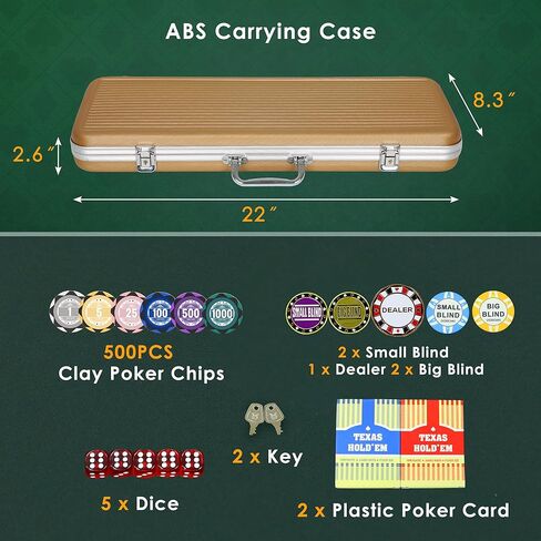 مجموعة بوكر مكونة من 500 قطعة مع 14 جرامًا من رقائق الطين المرقمة، ومجموعات شرائح كازينو تكساس هولدم مع طبقتين من أوراق اللعب البلاستيكية، لألعاب المقامرة في لعبة البلاك جاك in Kuwait