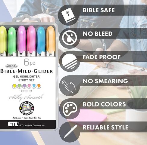 G.T. Luscombe Company, Inc. Bible Mild-Glider Gel Highlighter, Bible Study, No Bleed Solid, No Smearing or Fading, Long Lasting, Translucent Dry Marker, 4 Packs of 6 Assorted Colors in Saudi Arabia