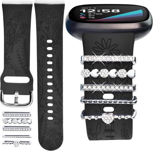 سوار من السيليكون المنقوش والسحر متوافق مع Fitbit Versa 3/ Versa 4/ Sense/Sense 2 للنساء، حزام بديل لأساور المعصم الرياضية الناعمة ذات الأزهار مع حلقات حلقية لسوار Fitbit Versa 3/4 للنساء in Saudi Arabia