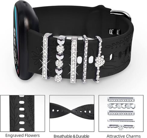 سوار من السيليكون المنقوش والسحر متوافق مع Fitbit Versa 3/ Versa 4/ Sense/Sense 2 للنساء، حزام بديل لأساور المعصم الرياضية الناعمة ذات الأزهار مع حلقات حلقية لسوار Fitbit Versa 3/4 للنساء in Saudi Arabia