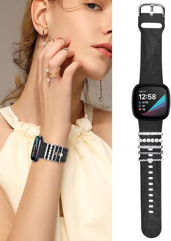 سوار من السيليكون المنقوش والسحر متوافق مع Fitbit Versa 3/ Versa 4/ Sense/Sense 2 للنساء، حزام بديل لأساور المعصم الرياضية الناعمة ذات الأزهار مع حلقات حلقية لسوار Fitbit Versa 3/4 للنساء in Saudi Arabia