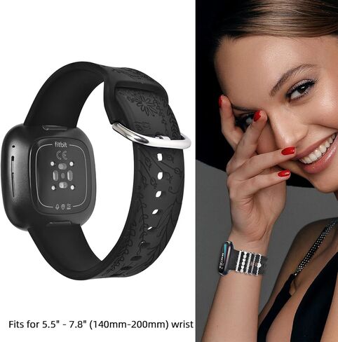سوار من السيليكون المنقوش والسحر متوافق مع Fitbit Versa 3/ Versa 4/ Sense/Sense 2 للنساء، حزام بديل لأساور المعصم الرياضية الناعمة ذات الأزهار مع حلقات حلقية لسوار Fitbit Versa 3/4 للنساء in Saudi Arabia