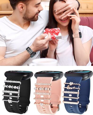 سوار من السيليكون المنقوش والسحر متوافق مع Fitbit Versa 3/ Versa 4/ Sense/Sense 2 للنساء، حزام بديل لأساور المعصم الرياضية الناعمة ذات الأزهار مع حلقات حلقية لسوار Fitbit Versa 3/4 للنساء in Saudi Arabia