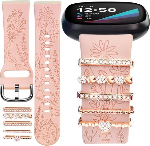سوار من السيليكون المنقوش والسحر متوافق مع Fitbit Versa 3/ Versa 4/ Sense/Sense 2 للنساء، حزام بديل لأساور المعصم الرياضية الناعمة ذات الأزهار مع حلقات حلقية لسوار Fitbit Versa 3/4 للنساء in Saudi Arabia