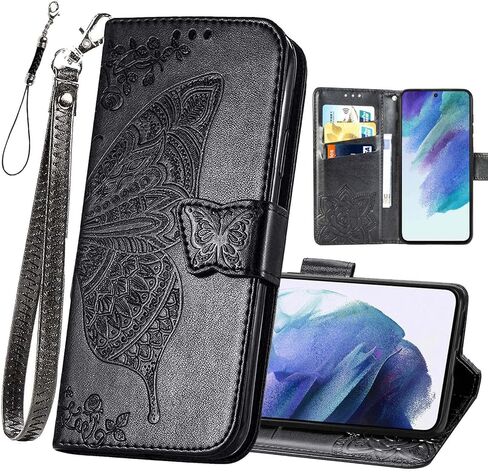 for Galaxy S21 FE 5G Wallet Case,Women Flip Folio Cover with Butterfly Embossed PU Leather Stand Card Holder Magnetic Wrist Strap Phone Case for Samsung Galaxy S21 FE 6.4" (Black) in Kuwait