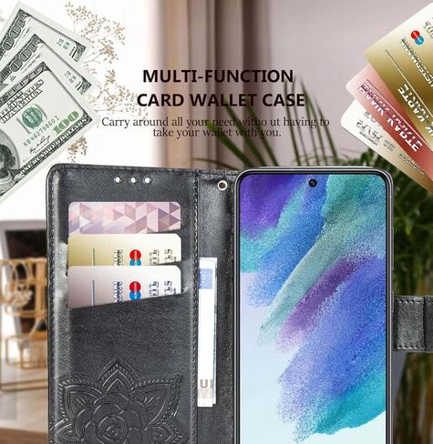 for Galaxy S21 FE 5G Wallet Case,Women Flip Folio Cover with Butterfly Embossed PU Leather Stand Card Holder Magnetic Wrist Strap Phone Case for Samsung Galaxy S21 FE 6.4" (Black) in Kuwait