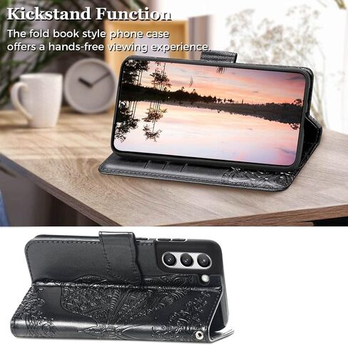 for Galaxy S21 FE 5G Wallet Case,Women Flip Folio Cover with Butterfly Embossed PU Leather Stand Card Holder Magnetic Wrist Strap Phone Case for Samsung Galaxy S21 FE 6.4" (Black) in Kuwait