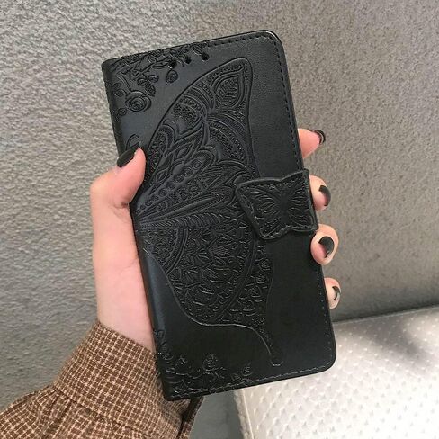 for Galaxy S21 FE 5G Wallet Case,Women Flip Folio Cover with Butterfly Embossed PU Leather Stand Card Holder Magnetic Wrist Strap Phone Case for Samsung Galaxy S21 FE 6.4" (Black) in Kuwait
