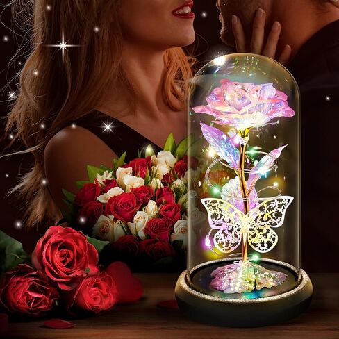 Birthday Gifts for Women Wife Her, Butterfly Rose Light Up Preserved Rose in Glass Dome, Eternal Rose Light Gifts for Birthday Anniversary, Rose Flower Women Gifts for Women Mom Girlfriend(Blue) in Saudi Arabia