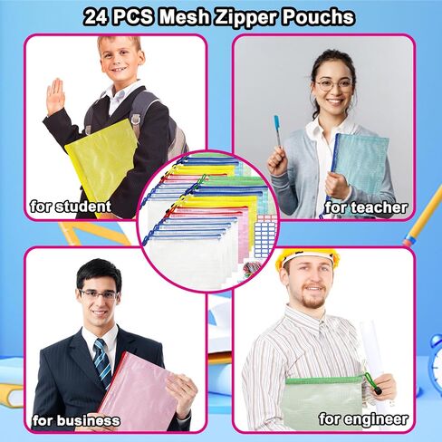 24 حزمة من الحقيبة الشبكية بسحاب، أكياس بسحاب مقاومة للماء، أكياس ملفات بسحاب متعددة الأغراض، أكياس بسحاب، حجم الحروف، مقاس A4 مقاس A5، حقيبة مستندات بلاستيكية للوازم المكتبية وتخزين السفر والمنزل in Kuwait