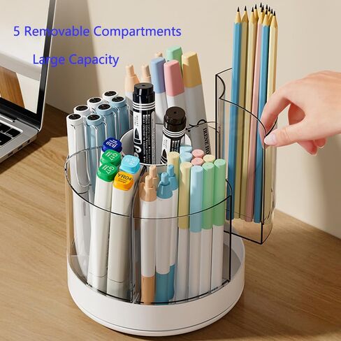 حامل أقلام منظم مكتبي دوار 360 درجة، منظم عبوات بلاستيكية لأقلام الرصاص البلاستيكية وفرشاة مكياج ومزيج المشروبات، علبة أقلام دوارة مكونة من 6 مقصورات للمنزل والمكتب والمدرسة (أبيض) in Kuwait