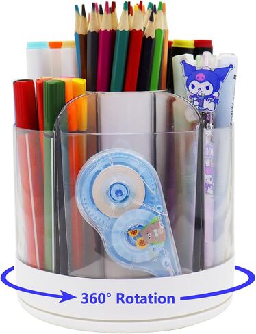 حامل أقلام منظم مكتبي دوار 360 درجة، منظم عبوات بلاستيكية لأقلام الرصاص البلاستيكية وفرشاة مكياج ومزيج المشروبات، علبة أقلام دوارة مكونة من 6 مقصورات للمنزل والمكتب والمدرسة (أبيض) in Kuwait