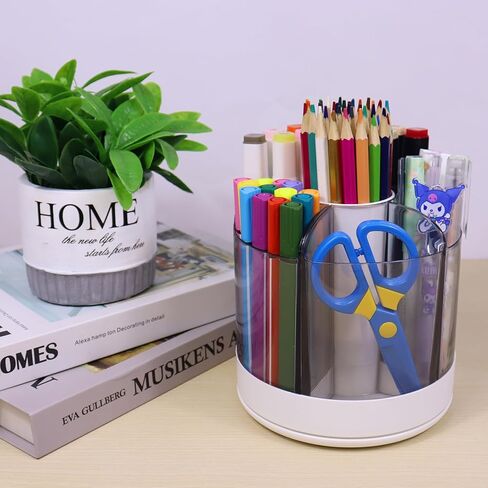 حامل أقلام منظم مكتبي دوار 360 درجة، منظم عبوات بلاستيكية لأقلام الرصاص البلاستيكية وفرشاة مكياج ومزيج المشروبات، علبة أقلام دوارة مكونة من 6 مقصورات للمنزل والمكتب والمدرسة (أبيض) in Kuwait