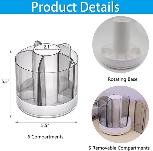 حامل أقلام منظم مكتبي دوار 360 درجة، منظم عبوات بلاستيكية لأقلام الرصاص البلاستيكية وفرشاة مكياج ومزيج المشروبات، علبة أقلام دوارة مكونة من 6 مقصورات للمنزل والمكتب والمدرسة (أبيض) in Kuwait