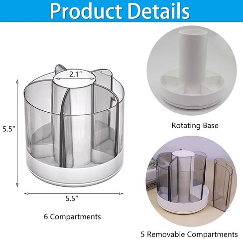 حامل أقلام منظم مكتبي دوار 360 درجة، منظم عبوات بلاستيكية لأقلام الرصاص البلاستيكية وفرشاة مكياج ومزيج المشروبات، علبة أقلام دوارة مكونة من 6 مقصورات للمنزل والمكتب والمدرسة (أبيض) in Kuwait