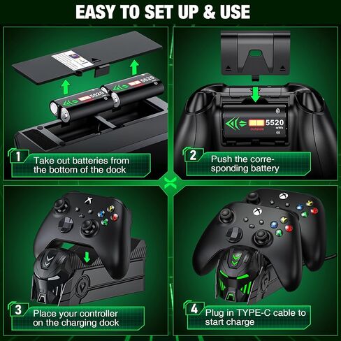 محطة شاحن وحدة التحكم لجهاز تحكم Xbox One/Xbox Series X|S مع حزم بطاريات قابلة لإعادة الشحن بقدرة 2 × 5520 ميجاوات في الساعة، قاعدة شحن مزدوجة مطورة لحزمة بطارية وحدة تحكم Xbox One مع 4 أغطية بطاريات in Kuwait