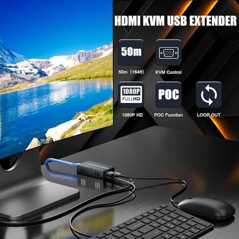 HDMI KVM USB Extender HD 1080P Transmit Video Over Single Cat5e/6/7 Ethernet Cable 50m (164ft) with Loop Out & POC Function - USB Keyboard Mouse Support in Saudi Arabia