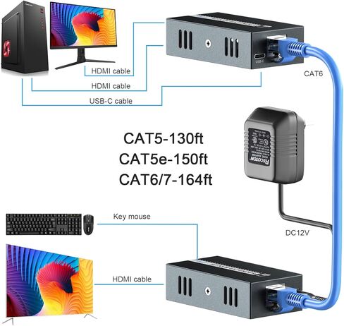 HDMI KVM USB Extender HD 1080P Transmit Video Over Single Cat5e/6/7 Ethernet Cable 50m (164ft) with Loop Out & POC Function - USB Keyboard Mouse Support in Saudi Arabia