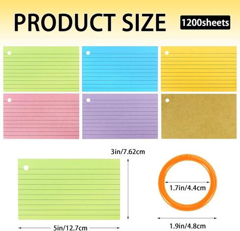 1200 قطعة من بطاقات مؤشر الألوان، 3 × 5 بطاقات فلاش مع حلقات، بطاقات ملاحظات مبطنة، بطاقات دراسة مثقوبة للتعلم المدرسي واللوازم المكتبية، 6 ألوان (مثقوبة بحلقة) in Kuwait