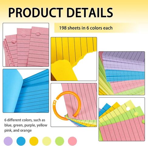 1200 قطعة من بطاقات مؤشر الألوان، 3 × 5 بطاقات فلاش مع حلقات، بطاقات ملاحظات مبطنة، بطاقات دراسة مثقوبة للتعلم المدرسي واللوازم المكتبية، 6 ألوان (مثقوبة بحلقة) in Kuwait
