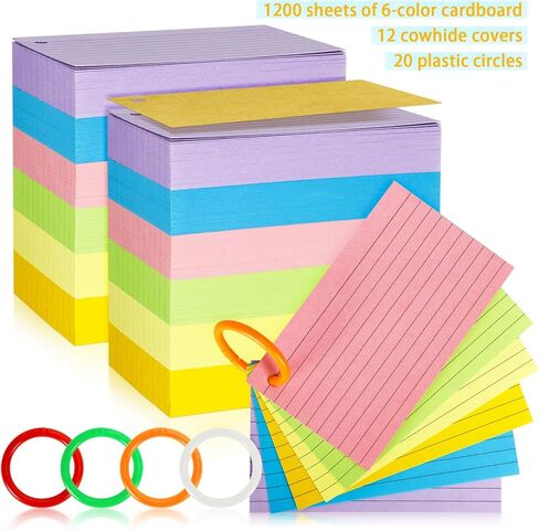 1200 قطعة من بطاقات مؤشر الألوان، 3 × 5 بطاقات فلاش مع حلقات، بطاقات ملاحظات مبطنة، بطاقات دراسة مثقوبة للتعلم المدرسي واللوازم المكتبية، 6 ألوان (مثقوبة بحلقة) in Kuwait