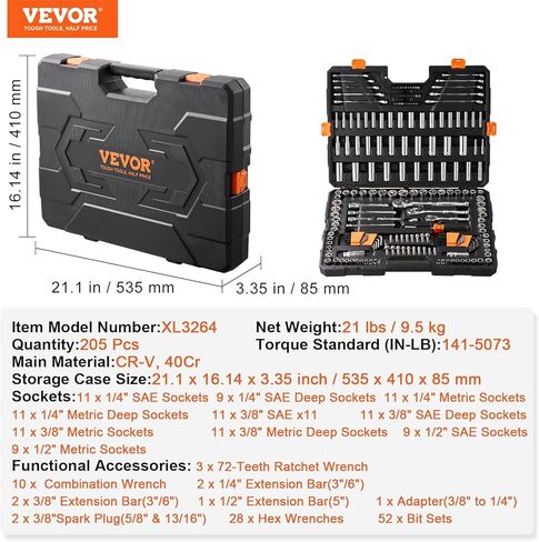 مجموعة أدوات ميكانيكا VEVOR، 205 قطعة SAE ومقابس مترية، مقابس عميقة وقياسية مقاس 1/4 بوصة 3/8 بوصة 1/2 بوصة، فولاذ فاناديوم الكروم، بولي إيثيلين in Kuwait