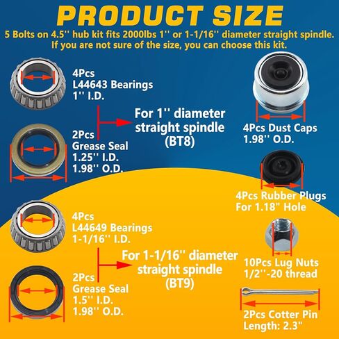 1Set 5 on 4.5'' Trailer Hub Kit for 2000lbs 1'' or 1-1/16'' Straight Axle, 5 Lug Trailer Idler Hub Kit 5 Bolt on 4-1/2 Inch, Fits 1'' and 1-1/16'' Spindle, with Extra Dust Caps & Rubber Plugs in Kuwait
