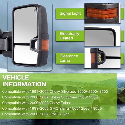 2pcs Left & Right Side Power Operated Heated Glass Rear View Mirror ABS Black Towing Mirror with LED Turn Signal Lights Compatible with 99-02 Chevy Silverado GMC Sierra in Saudi Arabia